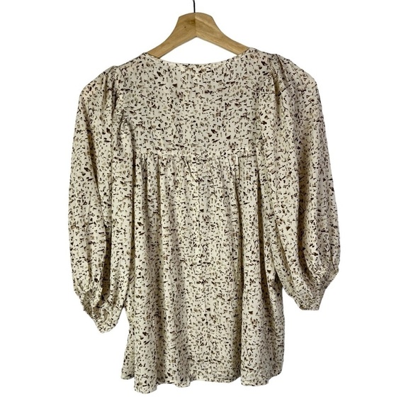 Mittoshop White & Beige Printed Smocked Bust Long Sleeve Blouse S - Picture 2 of 3